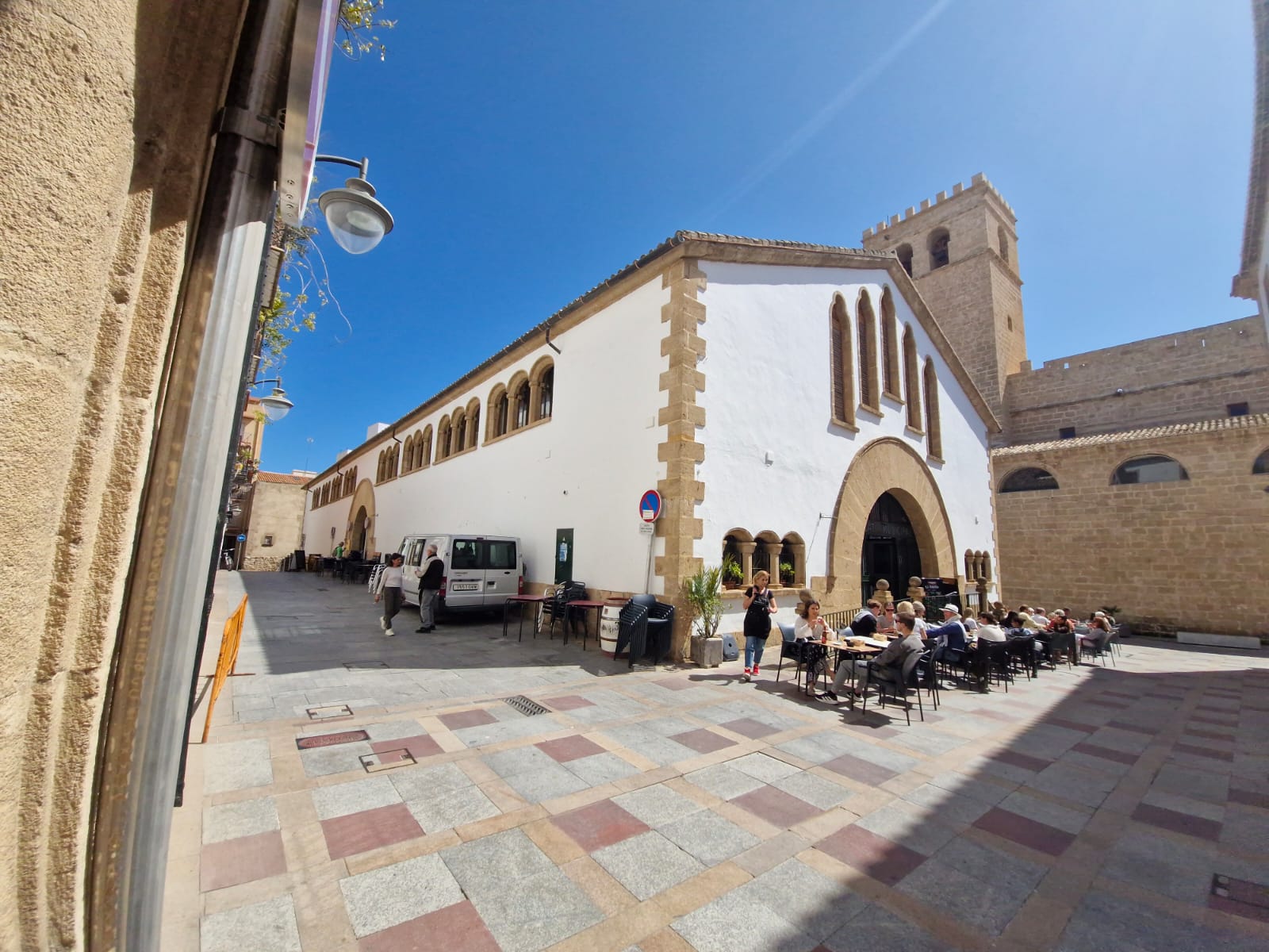 Church plaza with outdoor dining